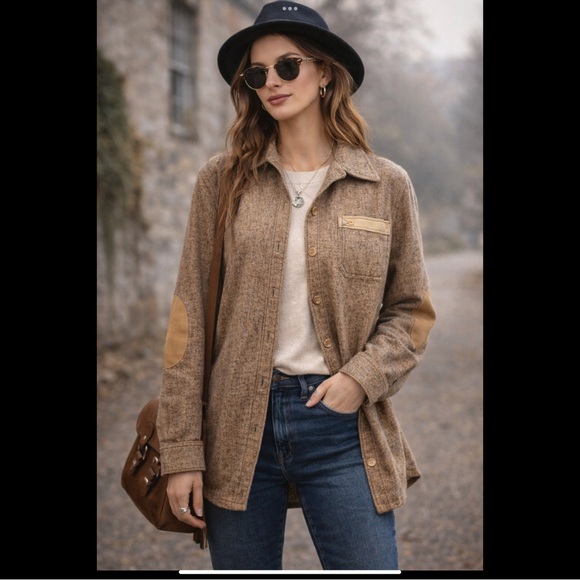 Vintage 1970s Leslie Fay Personals Wool Blend Shirt | Elbow Patch Overshirt - Picture 5 of 16